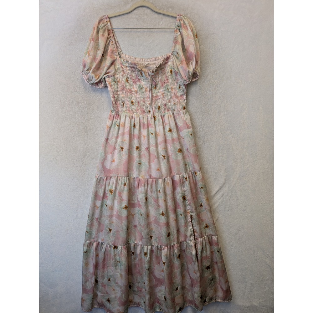 Logan Rae x ROOLEE Pink Floral Smocked Maxi Dress Puff Sleeve Tiered Size M